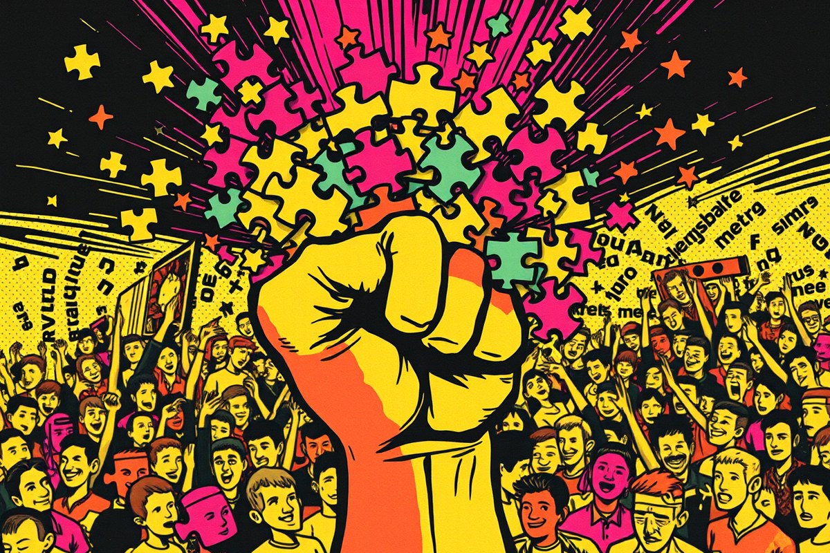 A fist exploding into jigsaw pieces