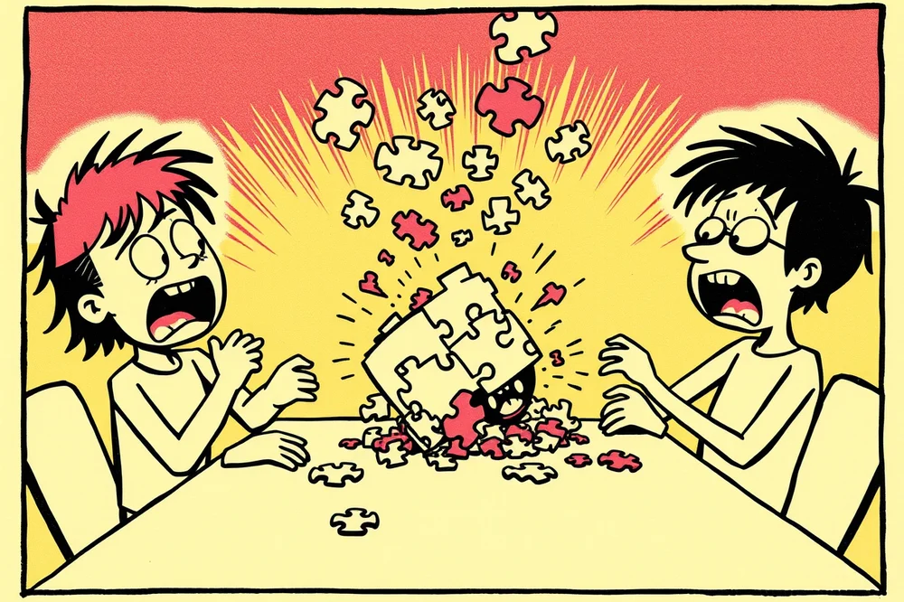 Two cartoon players losing it over an exploding jigsaw